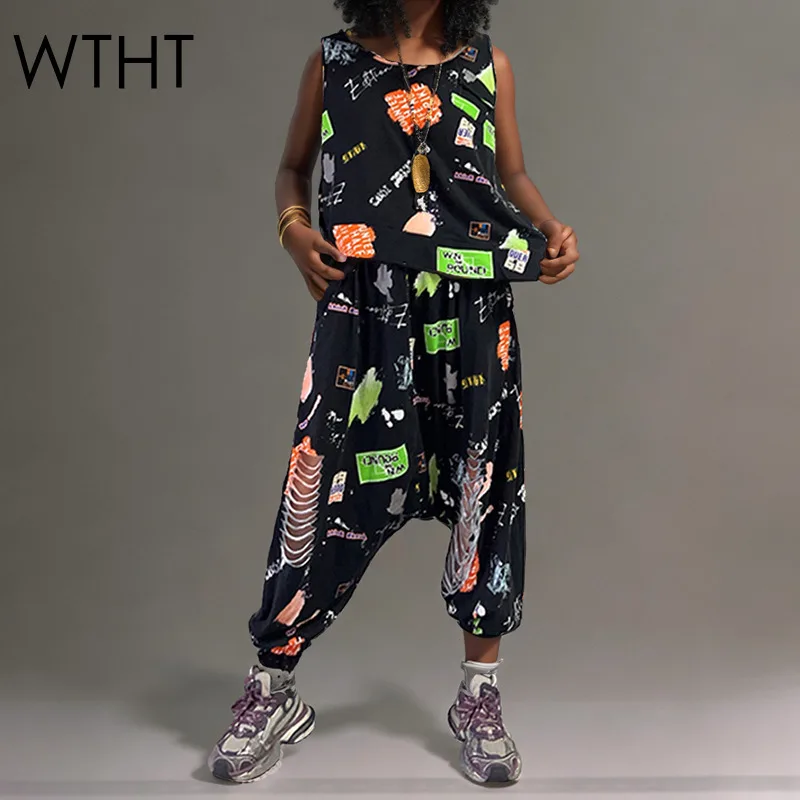 

WTHT Fashion Women Suit Irregular Letter Print Loose Vest 2025 Summer Elastic High-waisted Hole Casual Pant Set Female 1LS1489