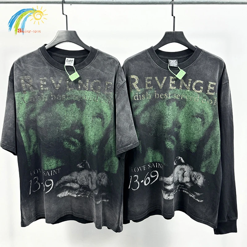 

Classic Green Jesus Print Saint Long Sleeved T-Shirt Men Women High Street Vintage Washed Black Oversized T Shirt Tee Cotton