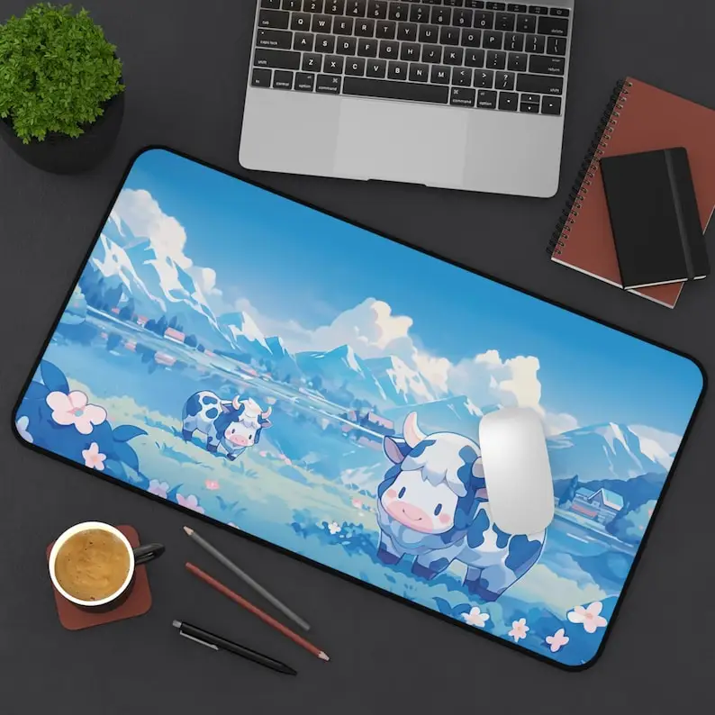 

Kawaii Gaming Desk Mat Cute Cow Mouse Pad Kawaii Anime Blue Landscape Desk Pad for Anime Lover Aesthetic Keyboard Gaming Mat