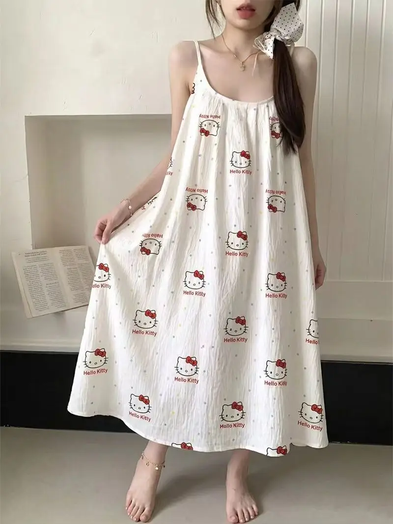 Hello Kitty Women's Summer Built-in Bra Cami Midi Nightdress Cute Cartoon Print Outdoor-Ready Elegant Sleepwear Loungewear