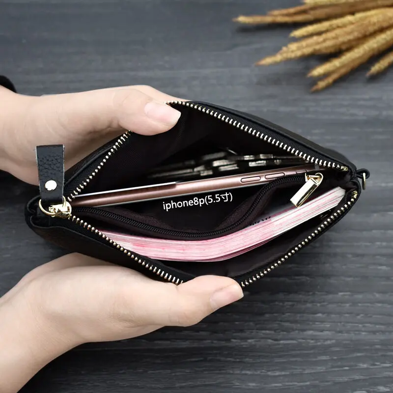 Simple Style High Capacity Womens Genuine Leather Phone Holder Long Purse Zipper Clutches HandBag with Wrist Strap