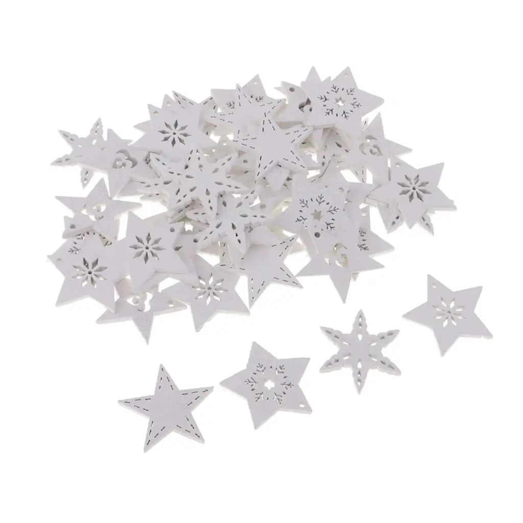 50 Pieces White Wood Cutouts Star Shapes Wood Snowflake Wooden Decorations