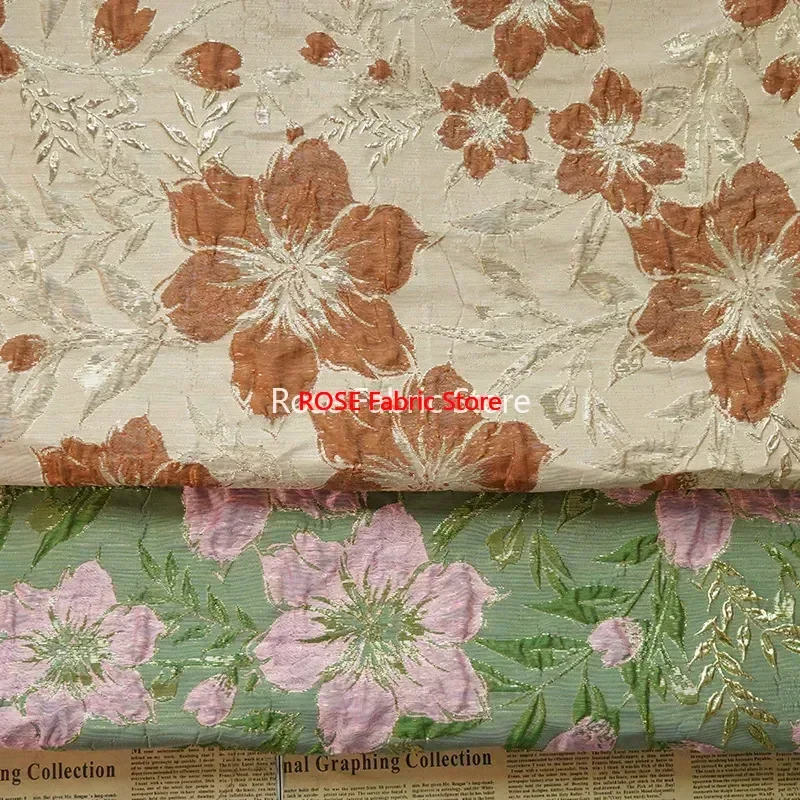 ผ้าไหมแจ็คการ์ดลายดอกไม้ใหญ่สีทอง 1 เมตร สำหรับตัดเย็บชุดผู้หญิง กระโปรงฟูฟ่อง ชุดแสดงบนเวที ผ้าตกแต่ง