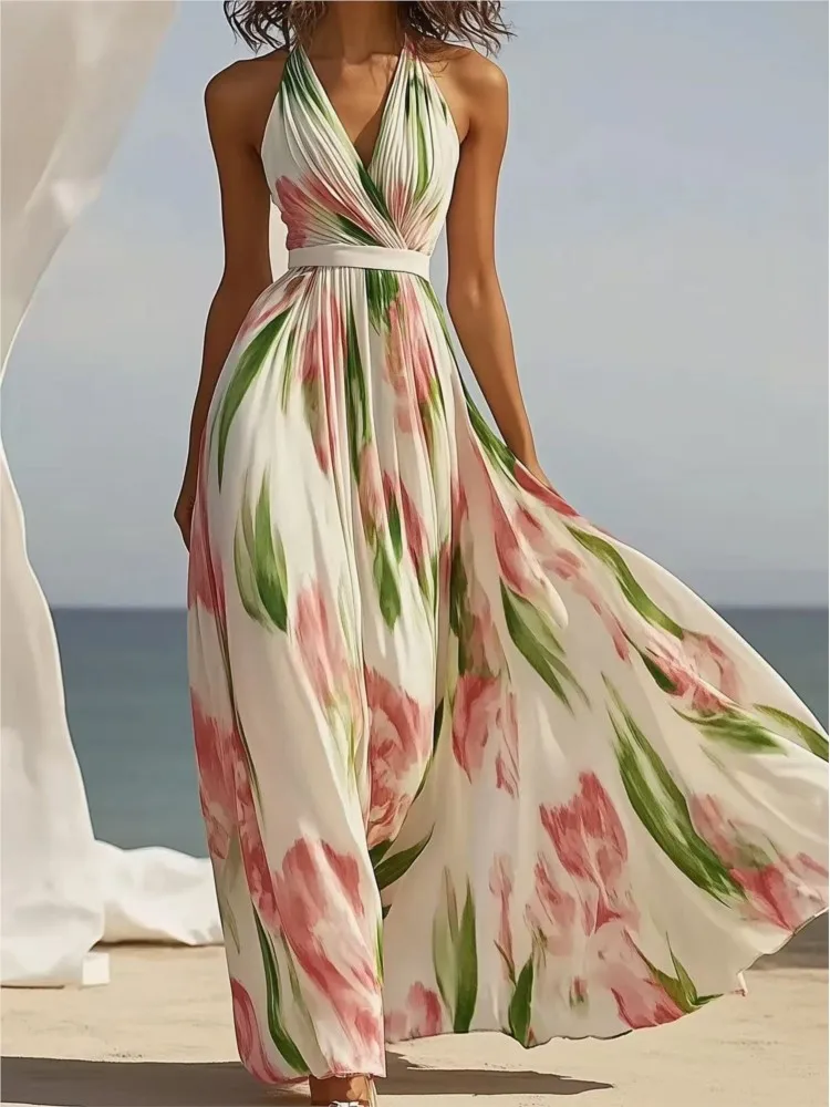 

V-neck Fashion Printed Holiday Style Long Suspender Dress 2026 Summer New Style Female Elegant Temperament Printed Long Dress