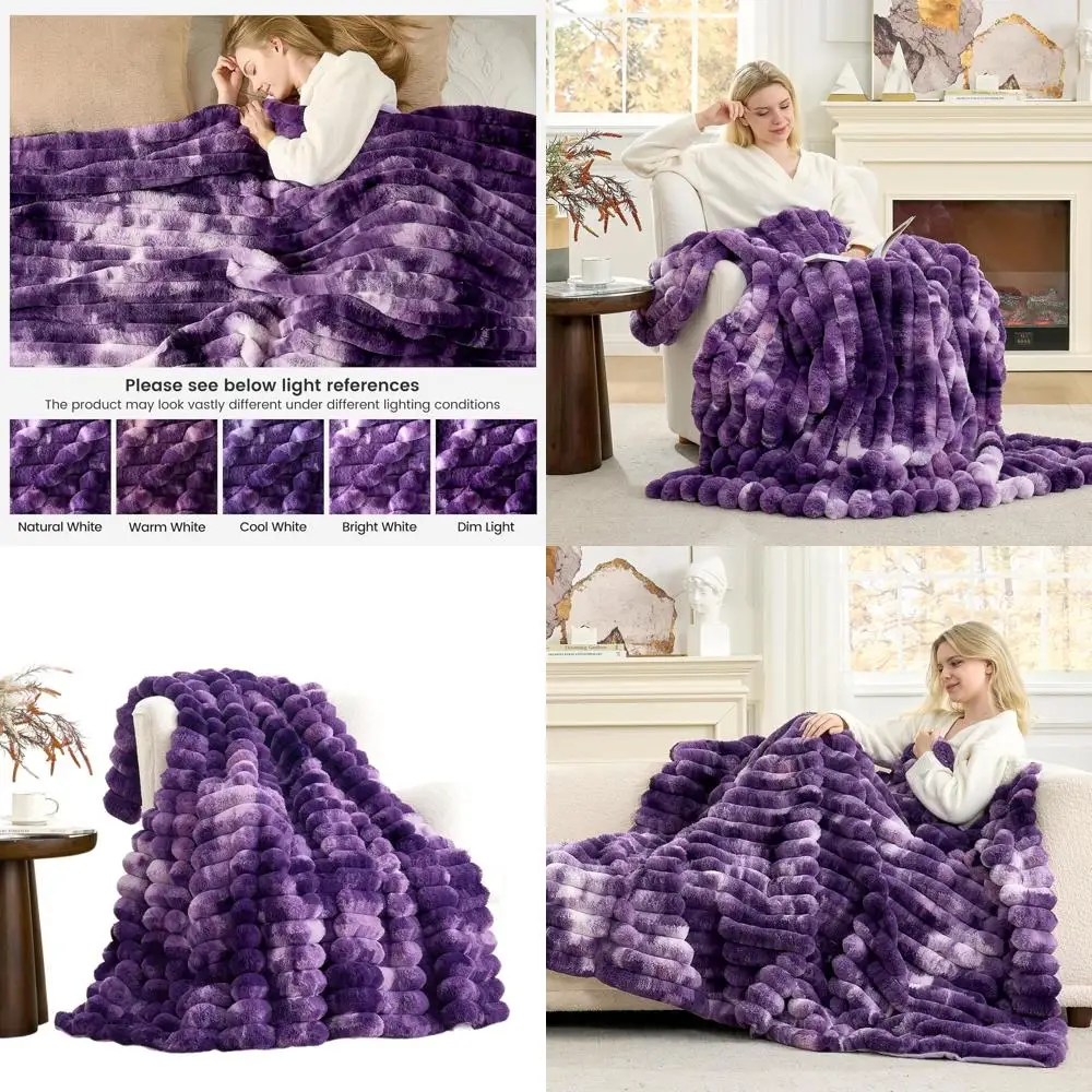 

Уютное одеяло из искусственного меха в фиолетовую полоску с принтом тай-дай, 50x60 дюймов для гостиной и спальни