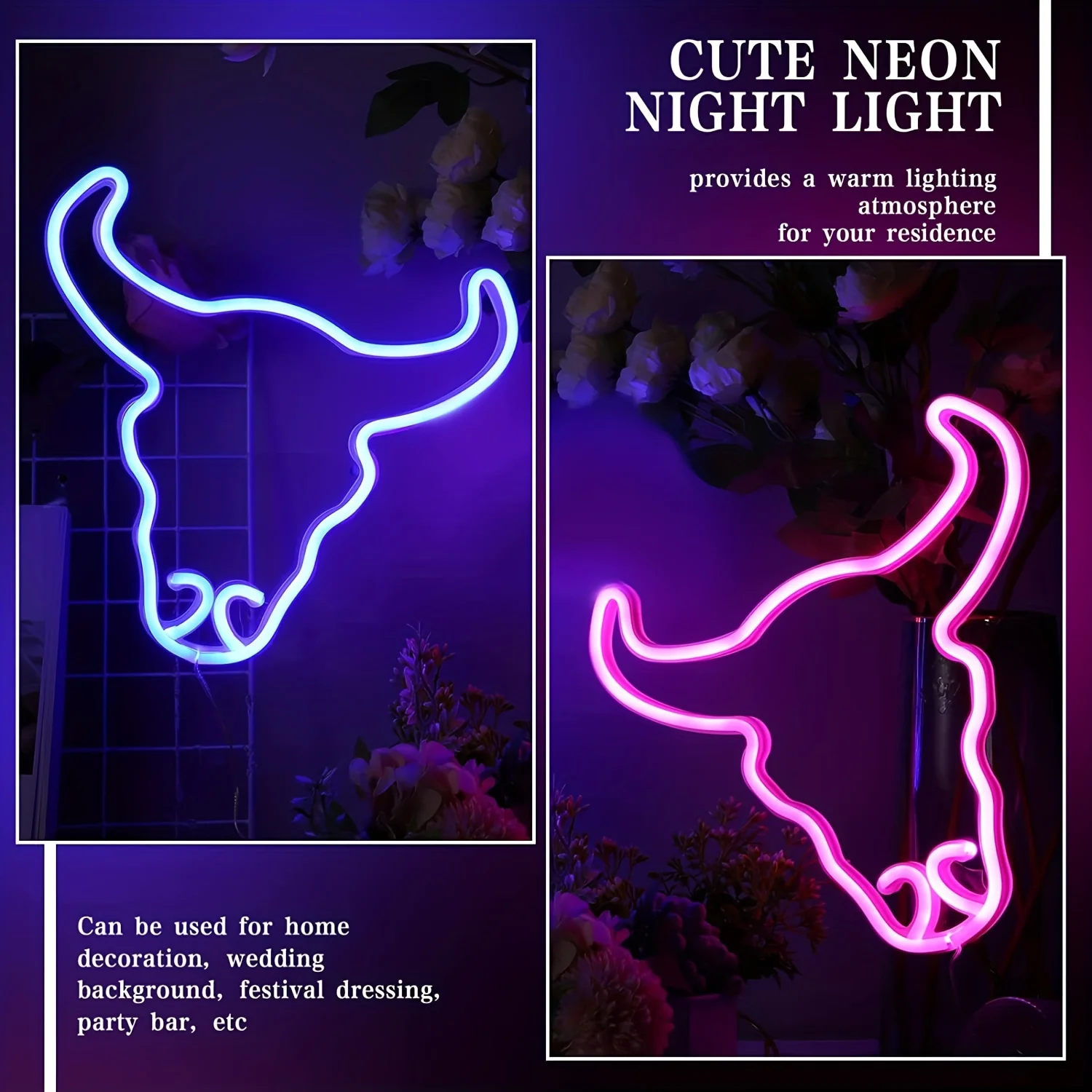 Cow LED neon light, USB or battery powered creative night light for bedroom, wedding, birthday party, game room wall decoration