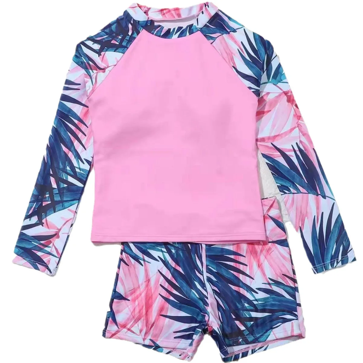 Girl Swimsuit 2024 New Pink Print Long Sleeve Children Swimwear Summer Kids Beach Wear Shorts Swimming Bathing Suit For Girls