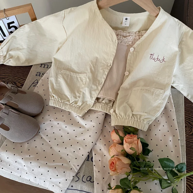 

Children's Clothing2025New Spring Girls Short Jacket Cardigan Coat Children's Casual Polka Dot Pants Suit