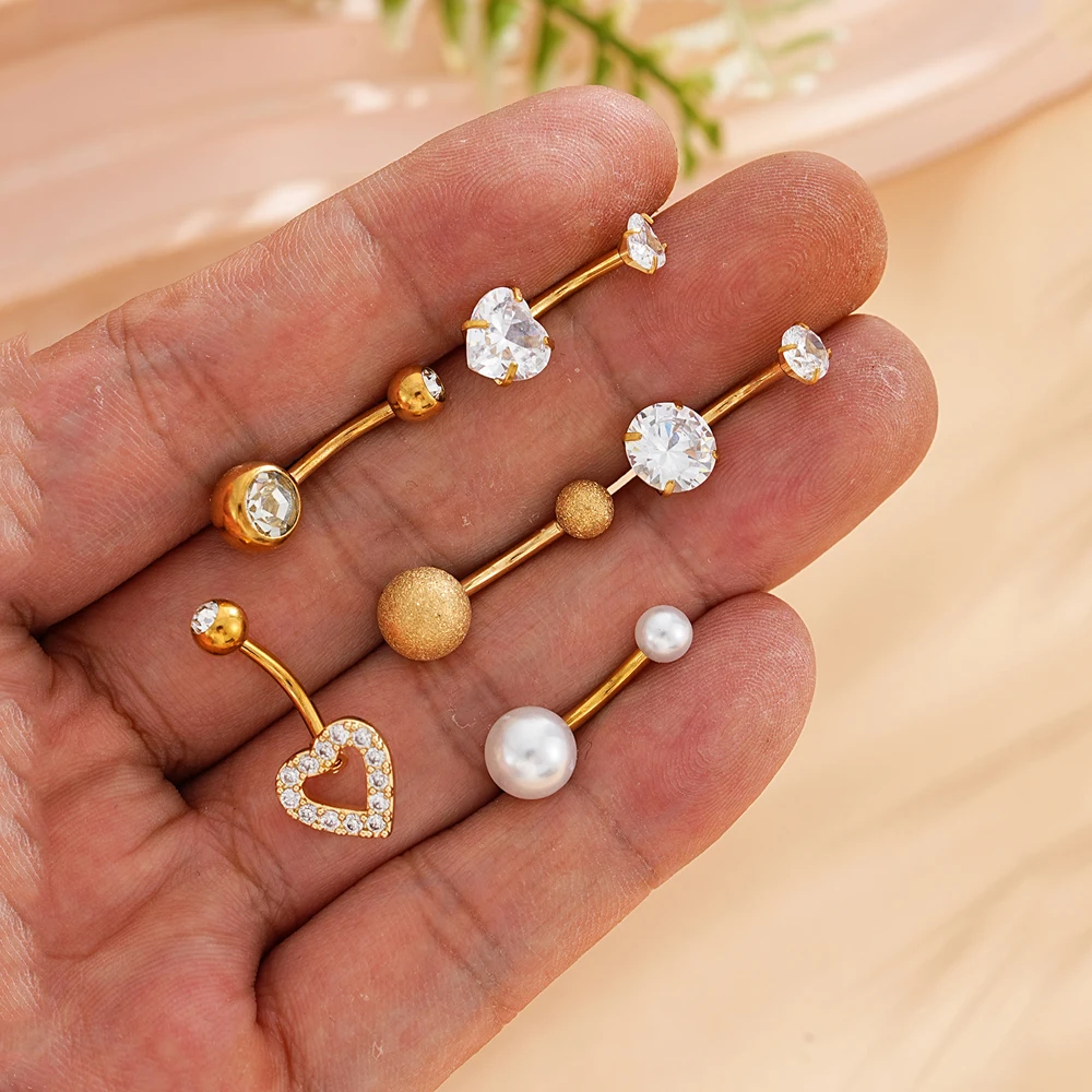 Mixed-Style Belly Piercing Sets 3-10pcs/lot Flower Heart Dangled Navel Ring Pack 14G Stainless Curved Navel Piercings Jewelry