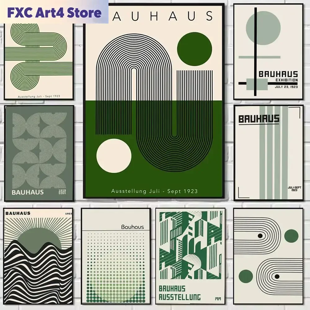 Frameless B-Bauhaus Green  Lines  Poster Trendy PP Paper Art Modern Stylish Wall Decor for Coffee Shops, Offices, Bars Home Spac