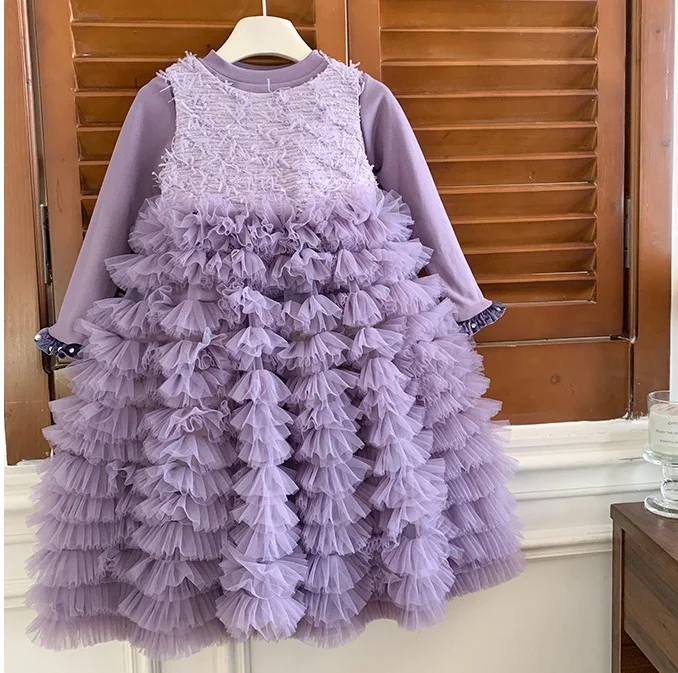 New Baby Girls Winter Boutique Fashion Sets  Top +   Mesh Cake Vest Dress  Princess Sweet Suits  2-7T