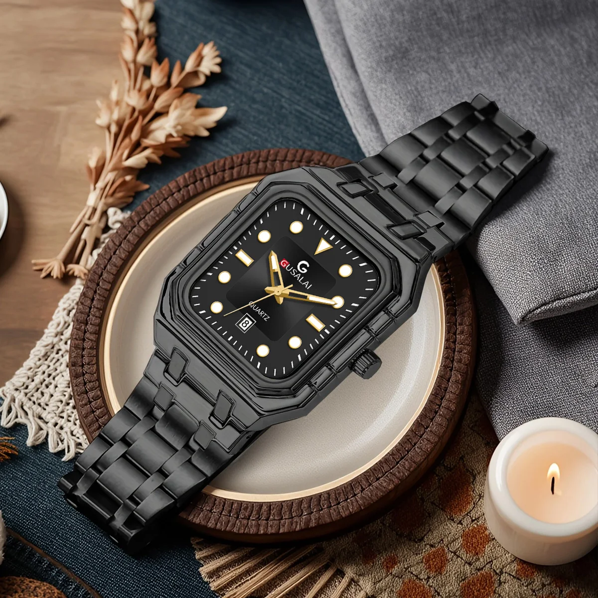 2025 신상 남성용 시계 사각형 고급 골드 스테인리스 스틸 캐주얼 비즈니스 스타일 오리지널 쿼츠 무브먼트 시뮬레이션 캘린더 시계