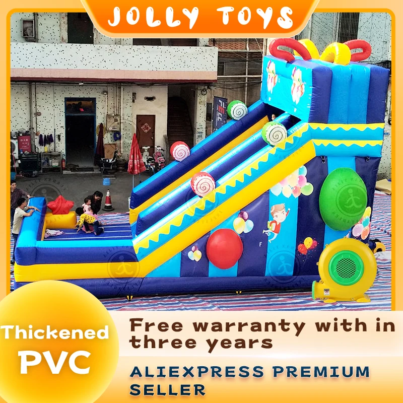 Children's cartoon inflatable bouncing slide, PVC inflatable outdoor long slide castle with obstacles