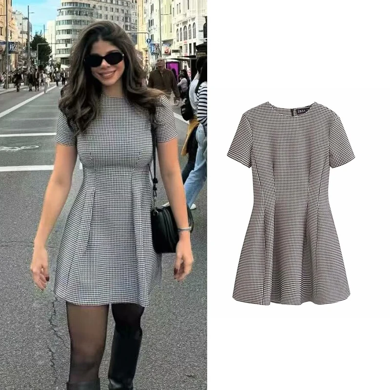 

TRAF Dresses Autumn Women's 2024 New Chic Mini Bird lattice Slim Women's Dress Street Elegant Fashion Youth Dress