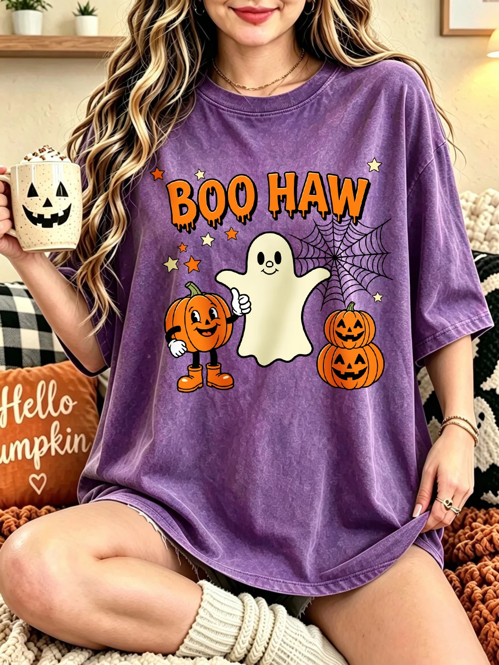 Halloween Boo Haw Cotton Washed T-Shirts Womens Oversized T Shirt Casual Comfortable Short Sleeve Tops Summer O-Neck Clothes