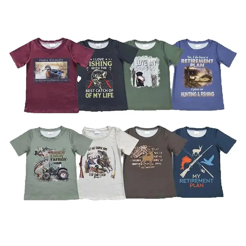 

Toddler baby boy clothes Fishing hunting elk and duck beige short sleeve top Wholesale boys Boutique clothes