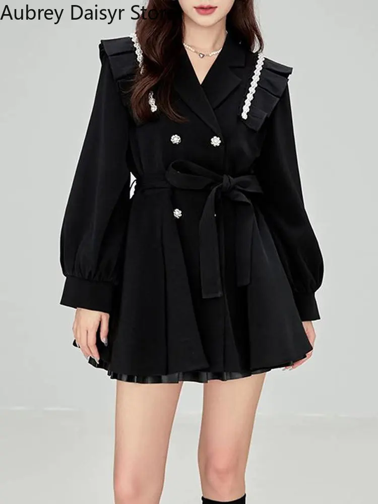 Korean Fashion Black Mini Blazer Dress Women Elegant Chic Sashes Button Design Dress Winter Casual Sexy Evening Party Dress New