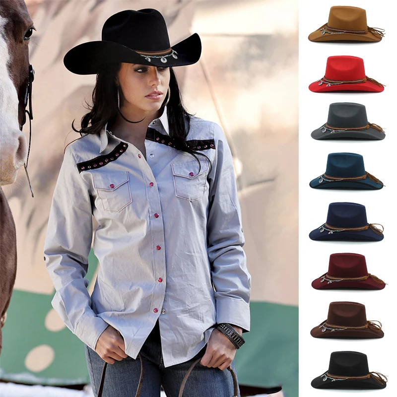 

Men Women Woolen Western Cowboy Hats Wide Brim Sunhats Party Travel Sombrero Outdoor Caps Classical Retro US Size 7 1/4 UK L
