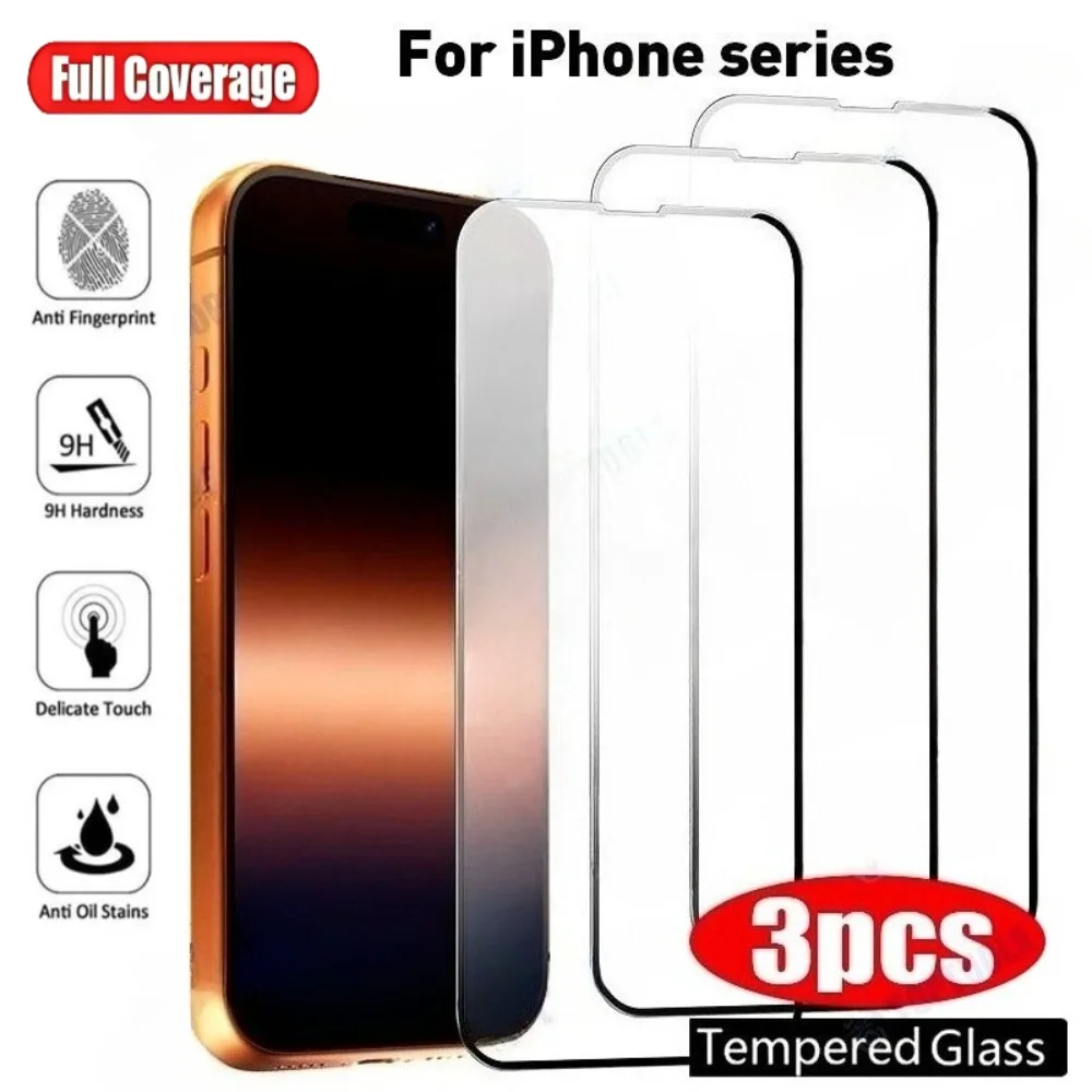 

3 шт. закаленное стекло с полным покрытием для iPhone 17 16 15 14 Pro Max Air 16e 15 14 Plus 13 12 11 Pro XR XS Ultra Clear Screen Protector