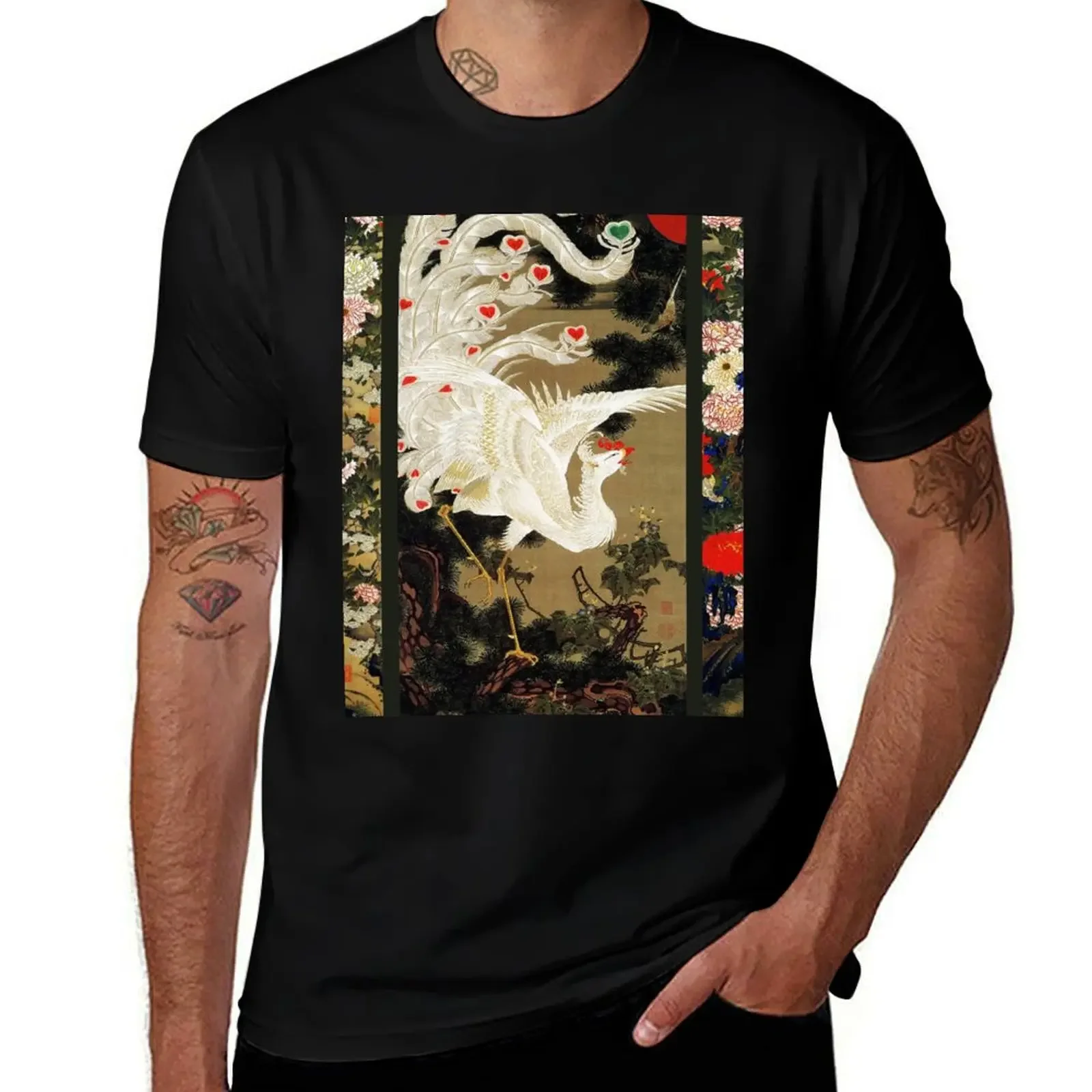 FLYING LOVE PHOENIX,WHITE FEATHERS WITH HEARTS Antique Japanese Floral T-Shirt Luxury man hippie clothes compression shirt men