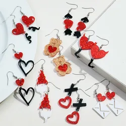Valentine's Day Glitter Heart Bear Pendant Earring for Women Girls Acrylic Red Hollow Hat Love Letter Drop Earrings Jewelry Gift