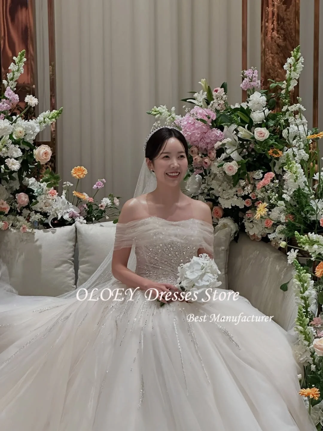 فساتين زفاف OLOEY مكشوفة الكتفين كوريا لحفلات الزفاف من التل اللامع برباط علوي فستاين سهرة/فساتين الحفلات مخصصة فساتين العروس الجميلة مقاس كبير