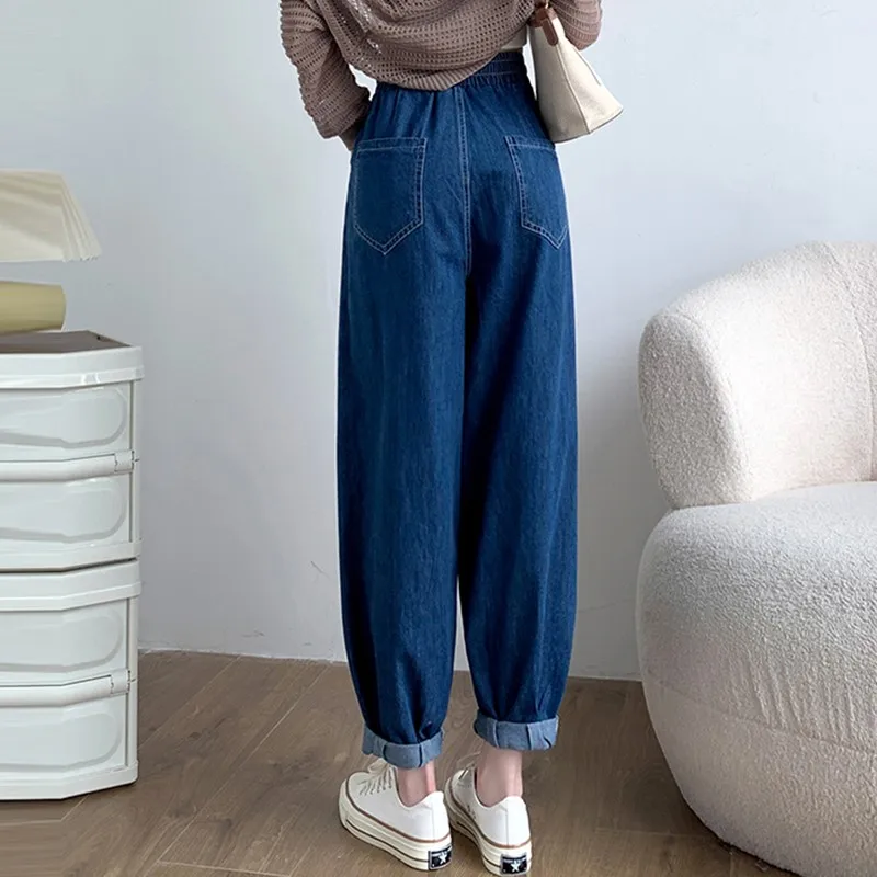 100% Baumwolle Frauen Casual Jeans Neuankömmling Herbst einfachen Stil Grundlagen lose weibliche hohe Taille Denim Harems hose w1897