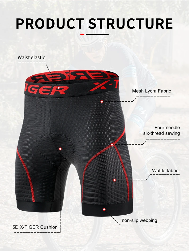 X-TIGER Herren-Radunterwäsche-Shorts, 5D-gepolstert, für Sport, Reiten, Fahrrad, Fahrrad, MTB, Liner-Shorts mit rutschfesten Beingriffen – Detail 3