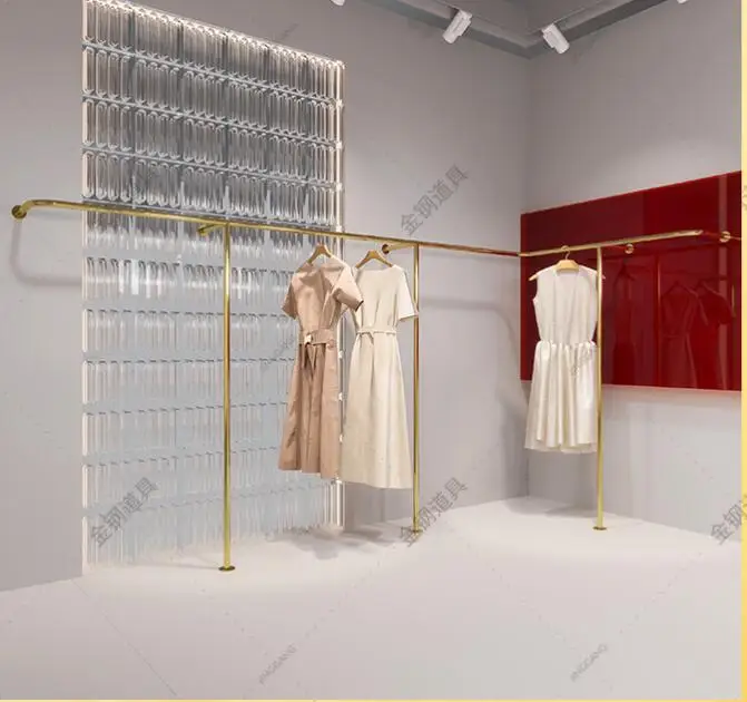 Clothing store display shelf wall hanging floor stainless steel titanium gold hanging clothes shelf women's store display shelve