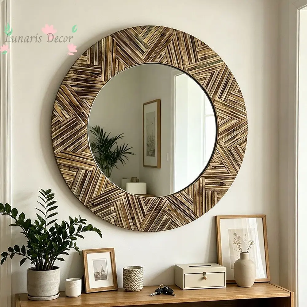 Nordic vintage natural wood decorative mirror, distressed wooden frame, entrance hall living room feature wall decorative mirror