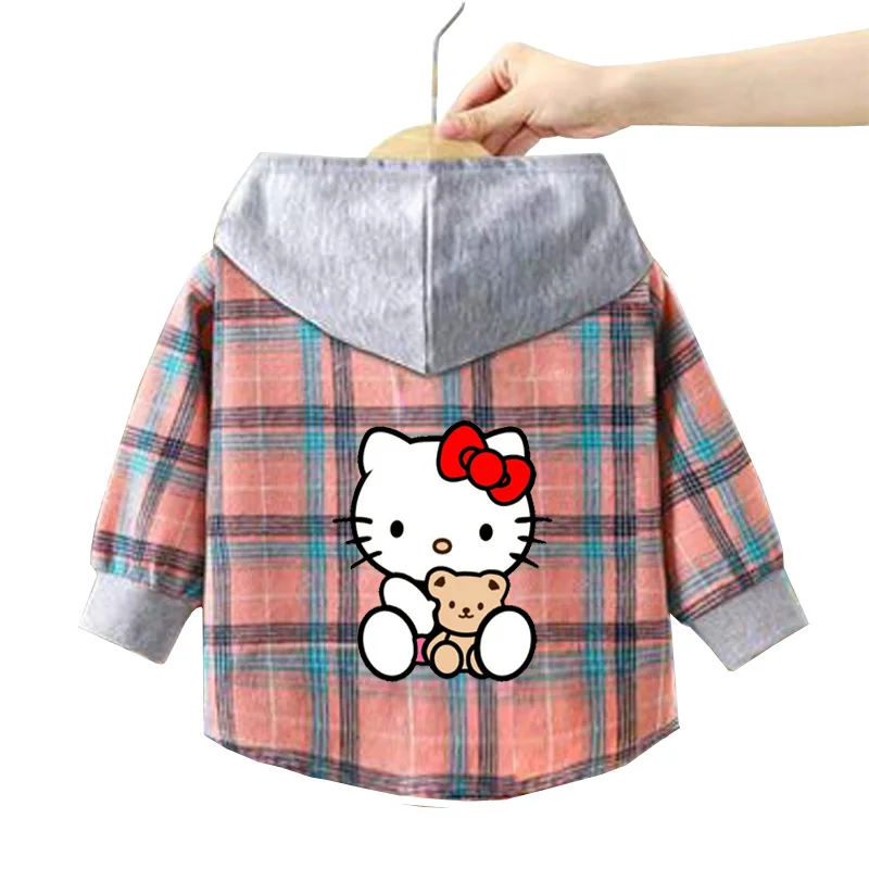 children\'s cartoon Hooded shirt Kids Spring blouse baby girls hello kitty casual plaid shirt boys long-sleeved clothing 1-12year