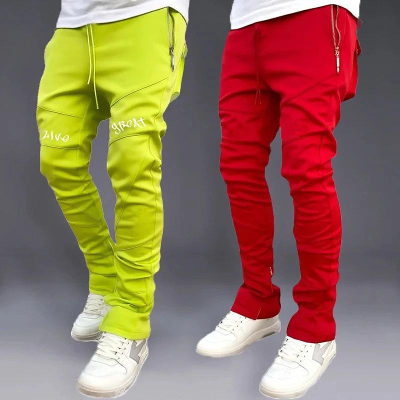

Autumn Men's Footband Solid Color Sports Pants Stretch Slim Cotton Zipper Pocket Draw Rope Fashion Running Casual Sports Pants