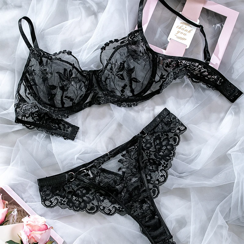 Sexy Underwear Fancy Transparent Bra Set Romantic Lingerie Sexy Bilizna Women 2 Pieces Lace Erotic Set Onlyfans Kit See-Through