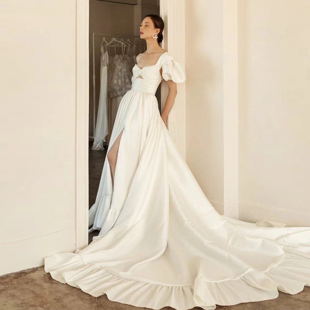 

Customized Taffeta Short Puffy Sleeves Wedding Dress For Women Sweetheart Neck High Side Split A Line Bridal Gown Chic TSWD600