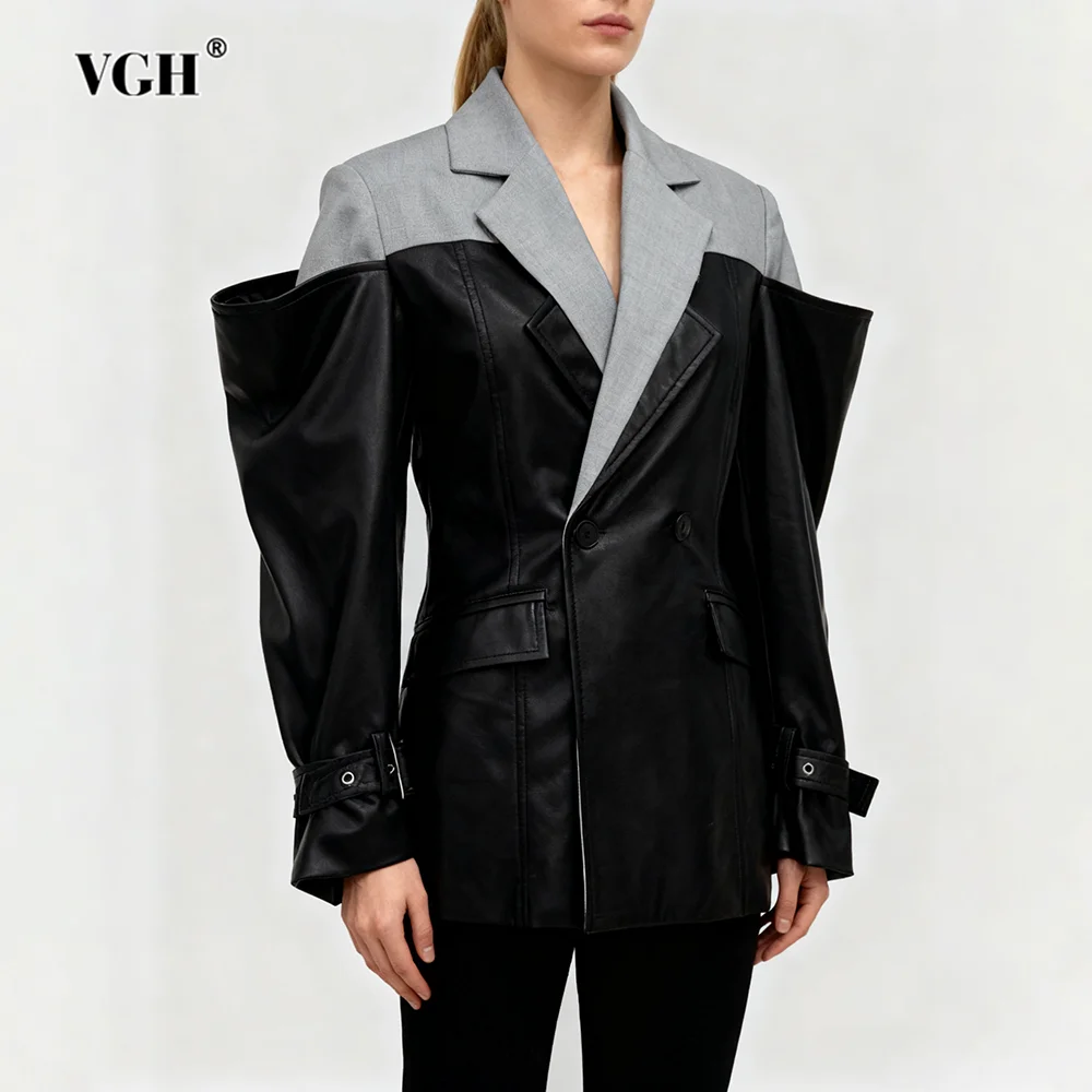 

VGH уличная винтажная кожаная куртка для женщин с зубчатым воротником на плечах и длинными рукавами, дизайнерские пальто хитового цвета, женские