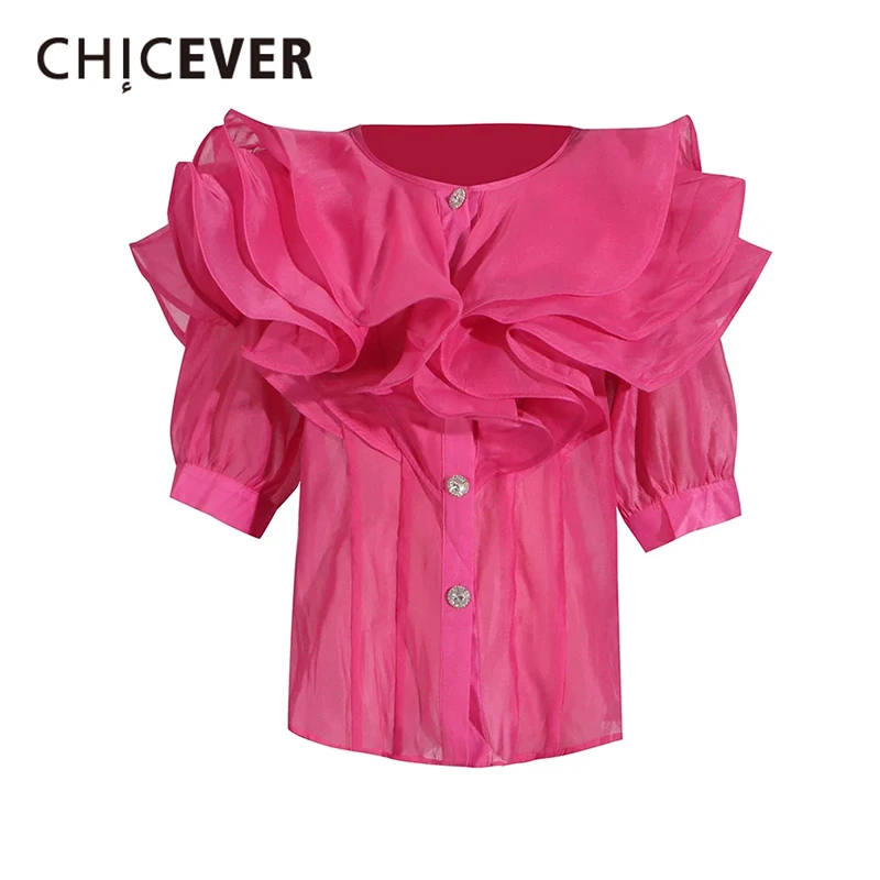 

CHICEVER Patchwork Ruffles Shirts For Women Round Neck Half Sleeve Single Breasted Casual Minimalist Chic Blouse Female New 2024