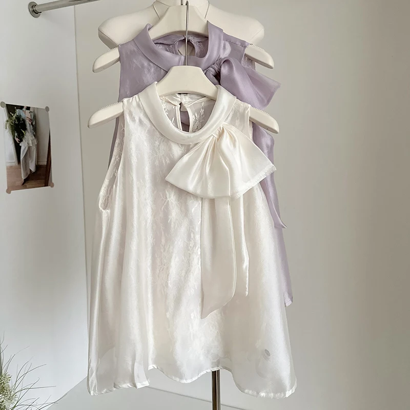 Bow Tie Up Shirt Women Summer Sexy Loose Sleeveless Vest Tops French Elegant Harajuku Lace Patchwork O Neck Chiffon Blouse New