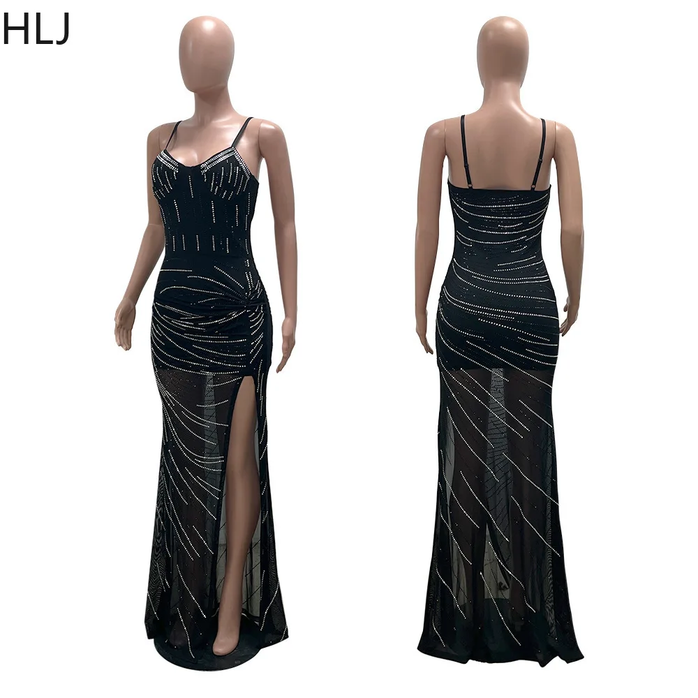 Hlj preto moda com decote em v lantejoulas ver embora cinta de espaguete vestidos longos femininos sem mangas sem costas fenda roupas femininas