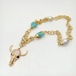 Y·YING 24'' Blue Turquoise White keshi Pearl Yellow Gold Plated Chain Necklace CZ Cow Pendant
