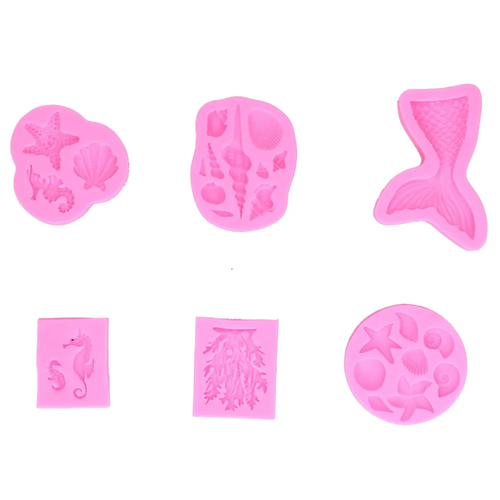 6pcs Silicone Silicone Molds Fishtail Starfish Seashell Conch Seagrass Seahorse Shell Shaped Molds Pink Marine Shell Shape