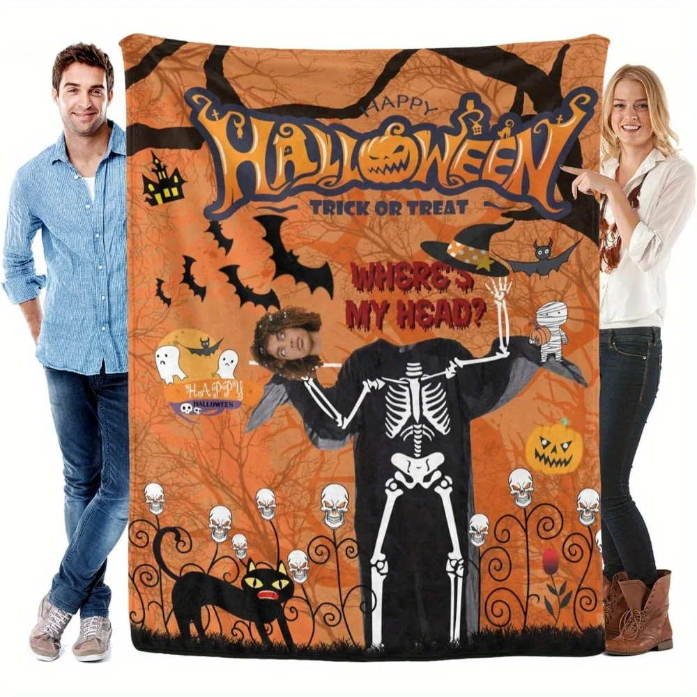 1pc Custom Photo Face Halloween Blanket Personalized Ghost Black Cat Blanket Cute Pumpkin Blanket for Adults Women Men