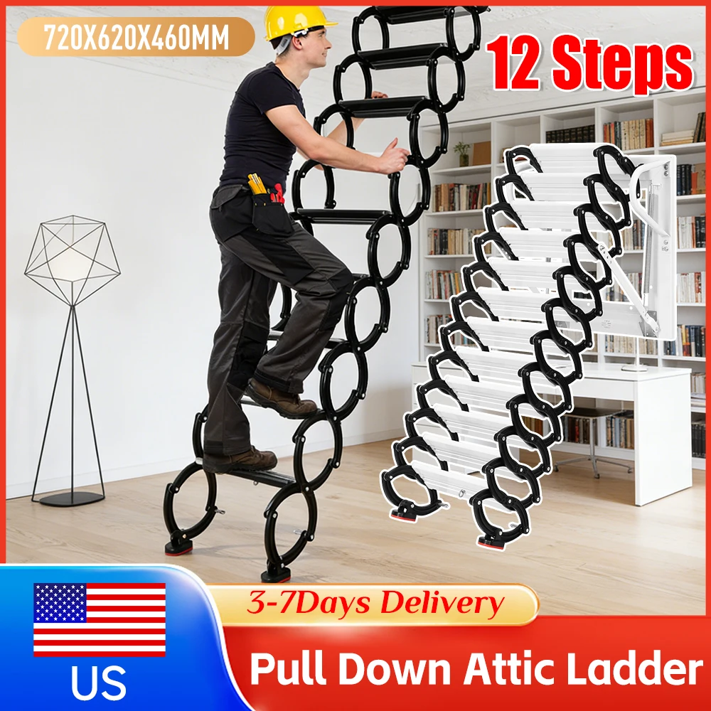

12Steps Attic Ladder Pull Down 600lbs Capacity Retractable Scissor Ladder Anti-Slip Steps 11.2ft Attic Stairs for Indoor Outdoor