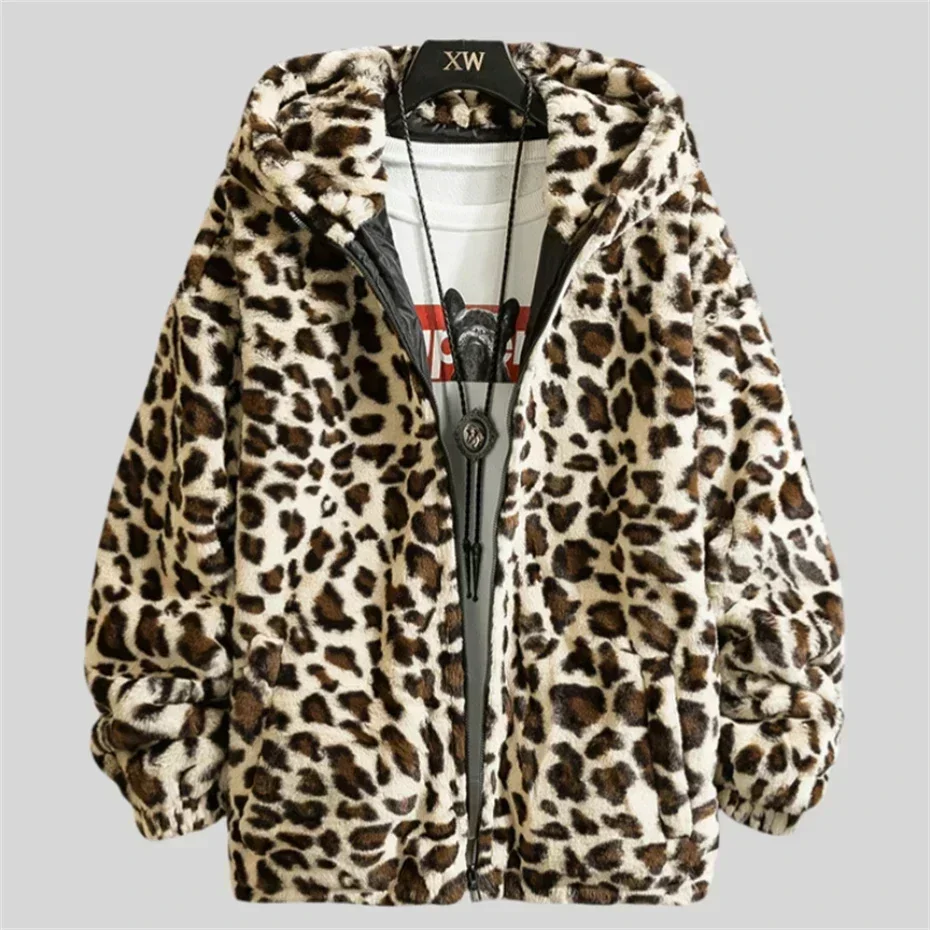 Leopard Print Thick Jackets Mens Streetwear Hip Hop Y2k Hooded Coats Men Harajuku Vintage Loose Casual Autumn Winter Jackets