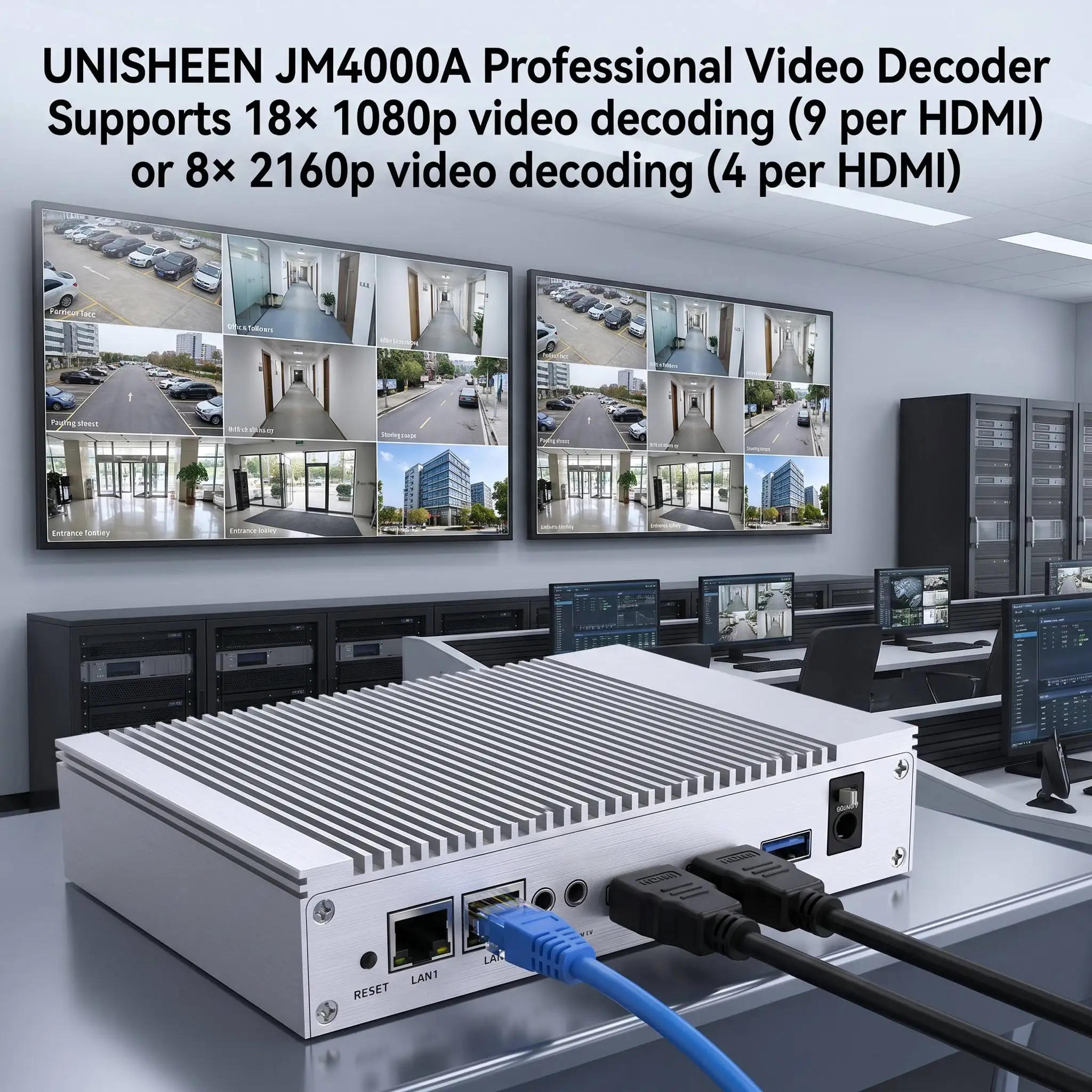 

UNISHEEN JM4000A 18-Channel 1080p 4K UHD H.265 H.264 RTSP RTMP SRT UDP IP to HDMI Video Decoder
