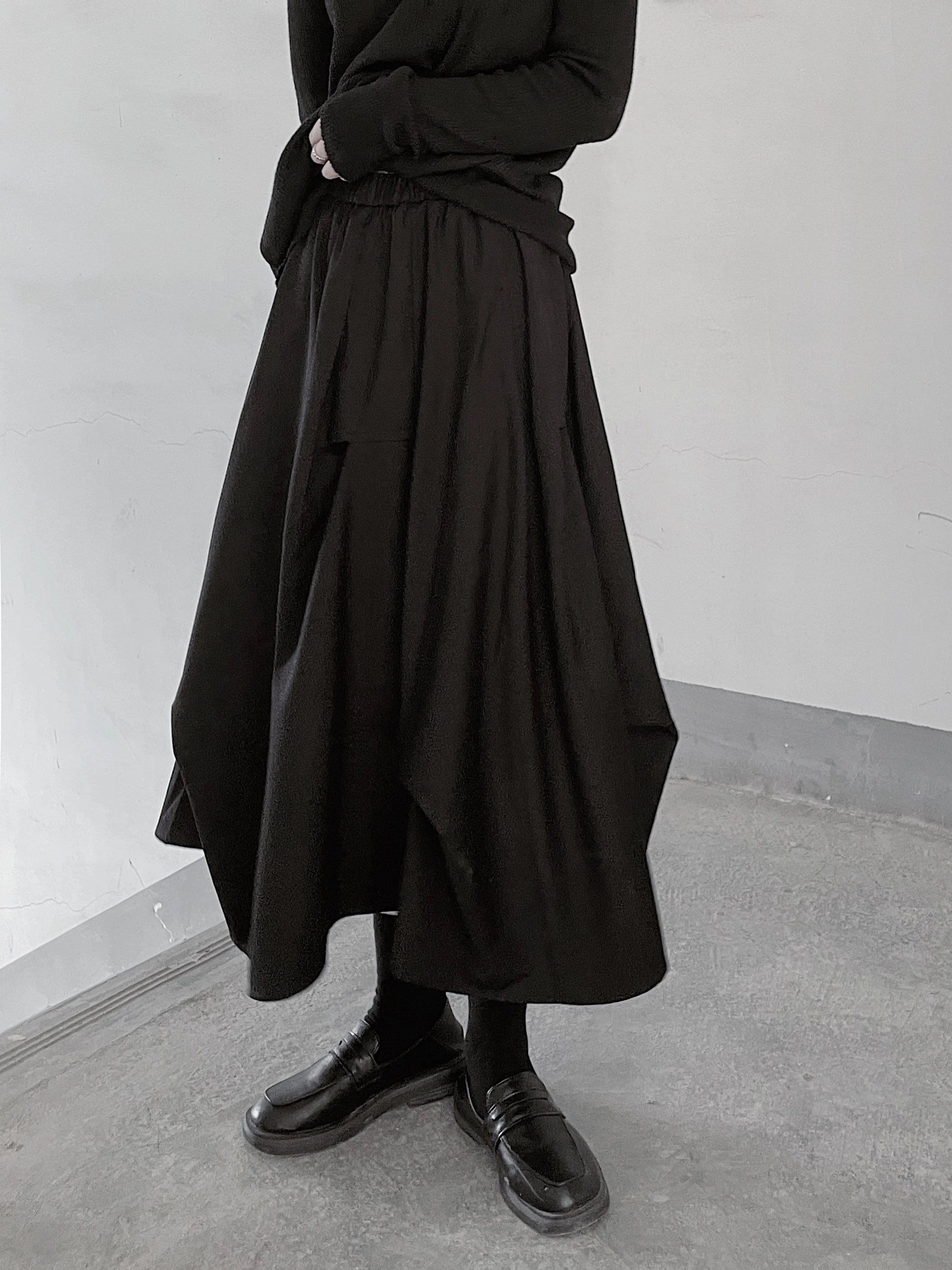 Design Sensation Umashirt Dark Little Black Dress Irregular Pure Color Pleated Women's Halter Skirt Cotton A-Line Long Skirt