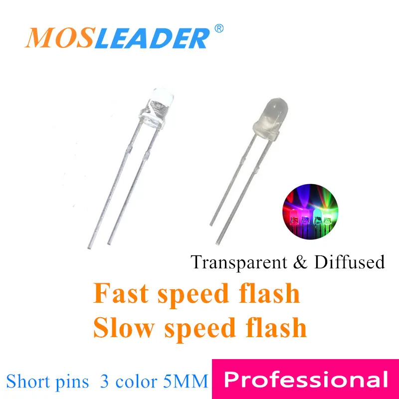 Mosleader 5MM 1000PCS RGB Fast flash Slow flash LED Tri-color 2P short pins Round Transparent Diffused Red Green Blue 3 color