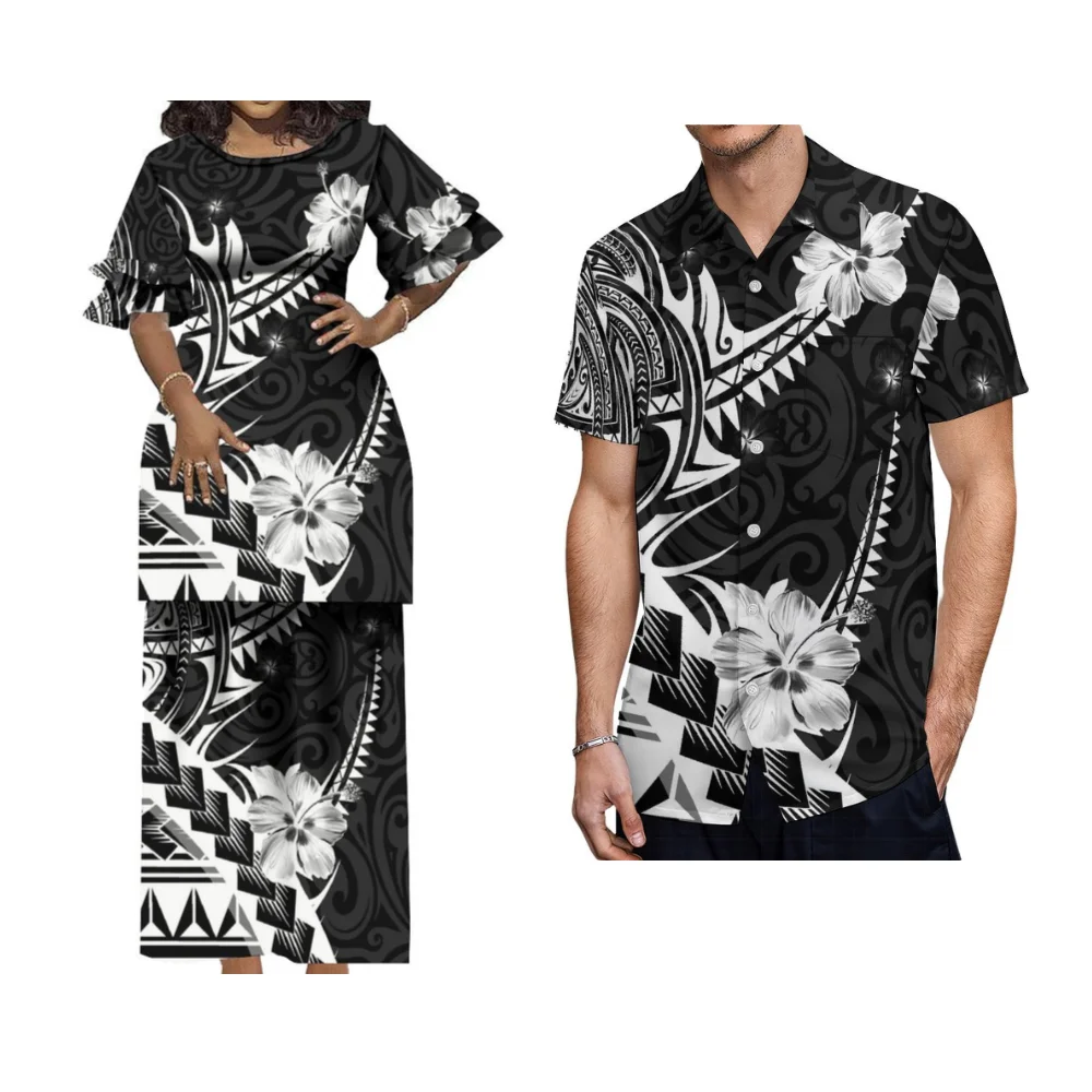 2024 New Puletasi Polynesian Couple Set For Women Puletasi Tribal Line Set Skirt Loose Top And Skirt Hawaiian Men'S Shirt