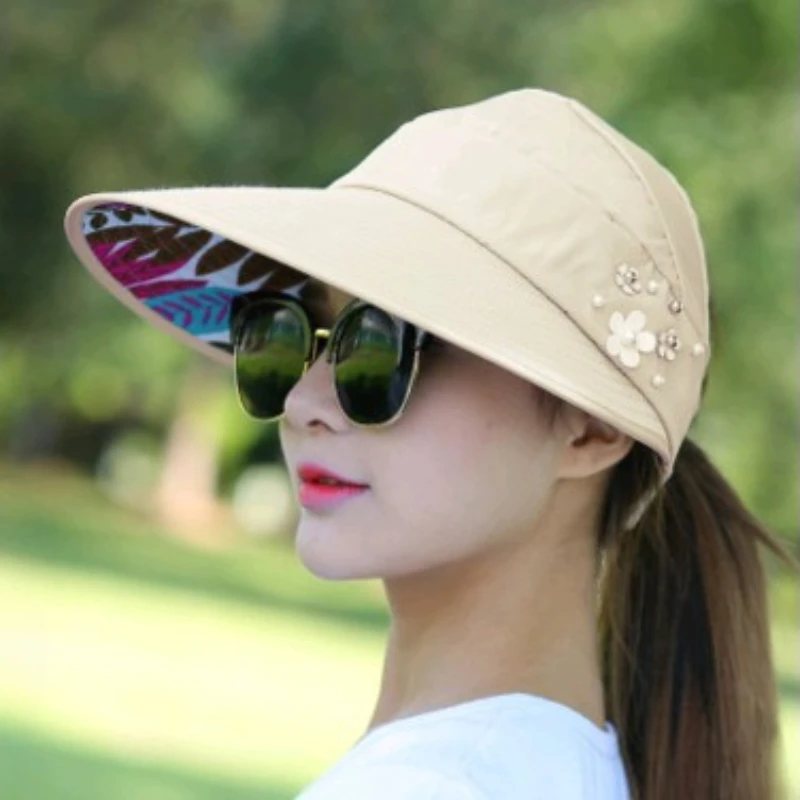 Leaf Print Sun Hat Big Brim Pearl Flower Foldable Breathable UV Protection Visor Cap For Women Men Travel Sport Hiking Beach Hat