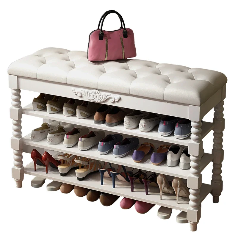 

White European-style door solid wood shoe change stool household door shoe rack simple shoe stool can sit in the door sofa