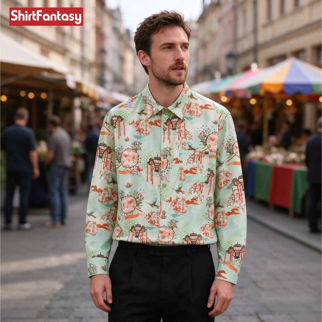 Men's Mint Green Chinese Lantern Print Long Sleeve Shirt Vintage Oriental Casual Button Up Shirt Holiday Summer New Fashion Wear